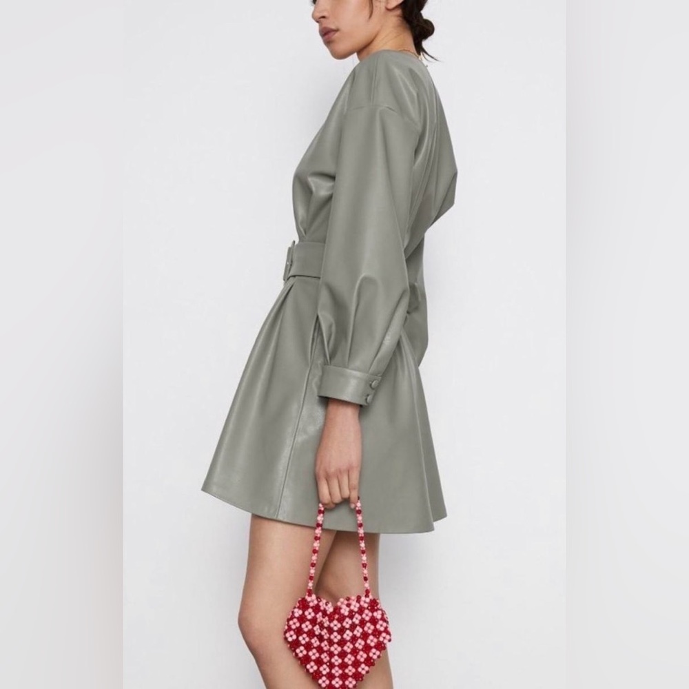 Zara Sage Green Faux Leather Mini Dress Puff Sleeve Belted V-Neck Snap S - Picture 5 of 10